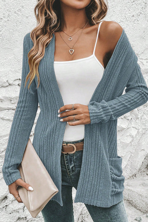 Ribbed Open Front Patch Pocket Long Sleeve Knit Cardigan